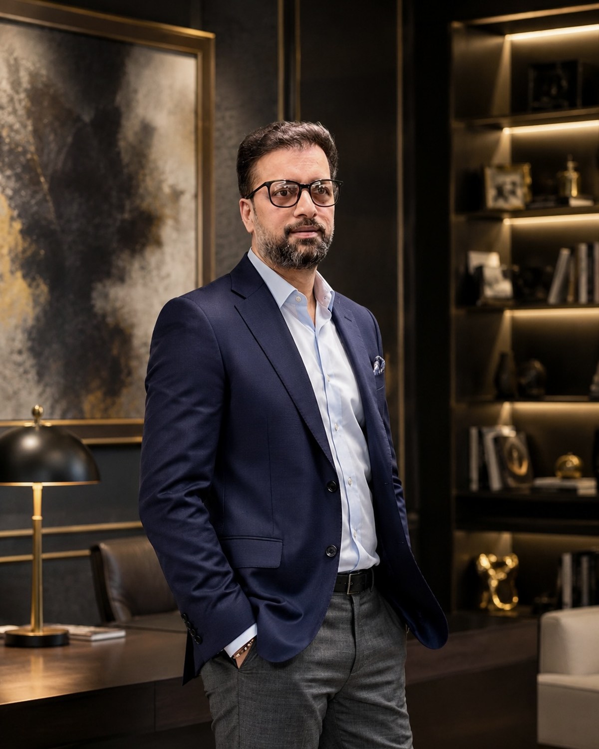 Sahil Jindal, Managing Director of DS Jindal Group, in a navy suit in his office study