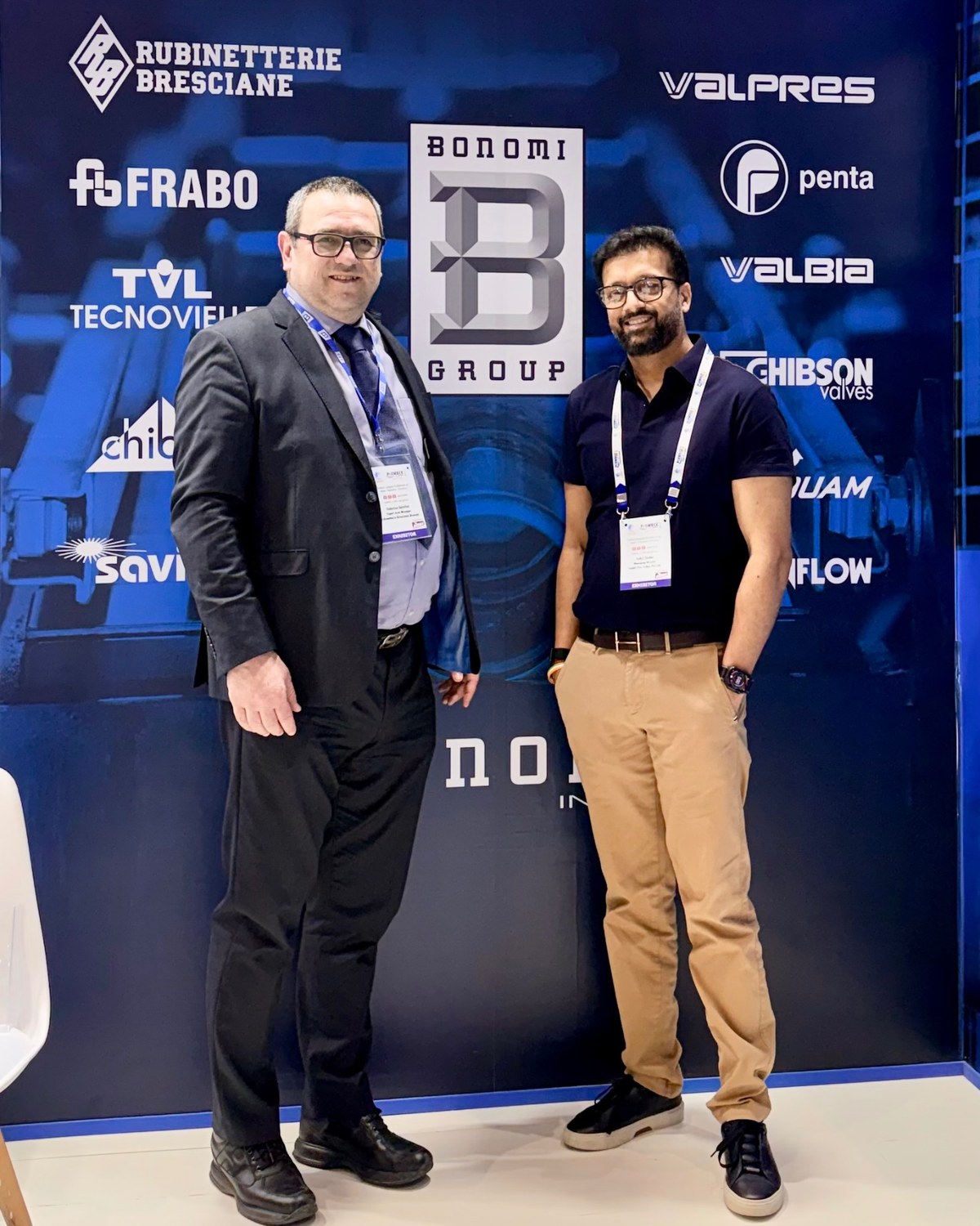 Sahil Jindal with a Bonomi Group representative at an international valves and flow control exhibition
