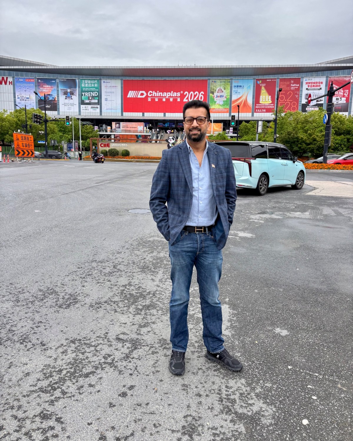 Sahil Jindal outside the Chinaplas 2026 international plastics and rubber exhibition in Shanghai